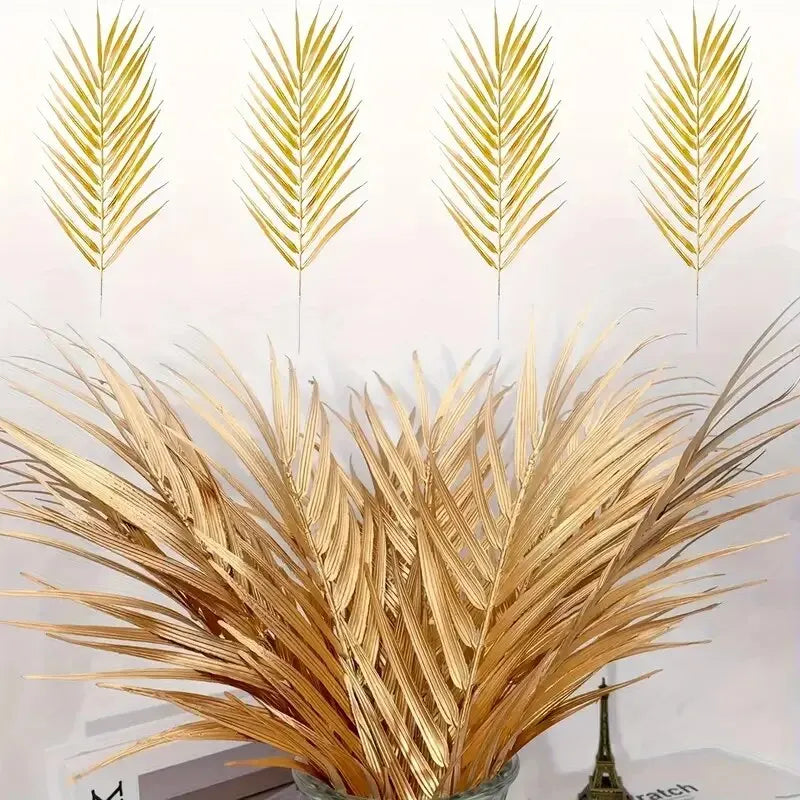 Golden Artificial Palm Leaves – 5PCS Tropical Faux Plants for Home & Event Décor